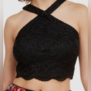 City Studio Size 9 Black Glitter Floral Design Mesh Lace & Lined Halter Crop Top